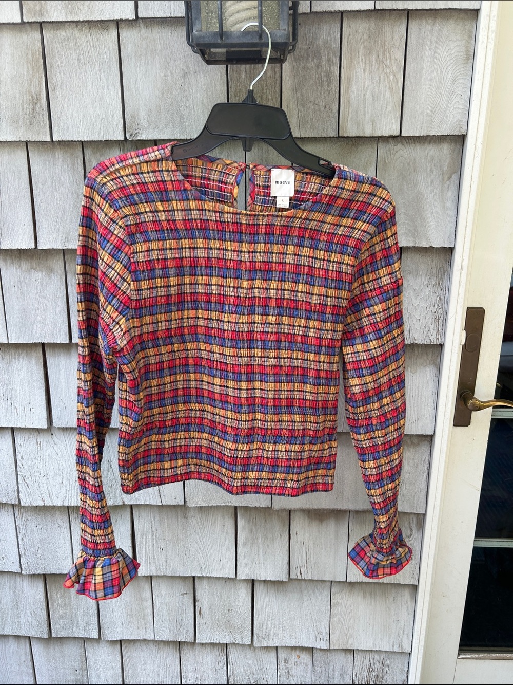 Maeve Red Blue Yellow Multicolor Plaid Long-Sleeve Top